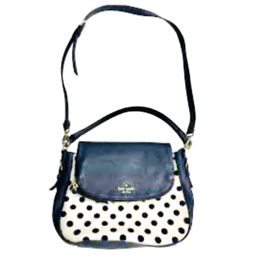 Kate‎ Spade Leather & Canvas Navy Blue And Cream White Polka Dot Shoulder Bag